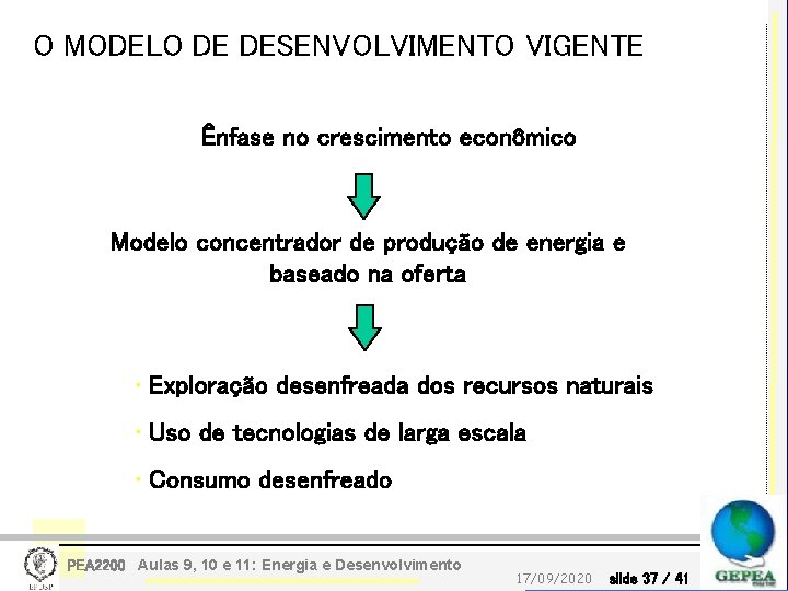 O MODELO DE DESENVOLVIMENTO VIGENTE Ênfase no crescimento econômico Modelo concentrador de produção de