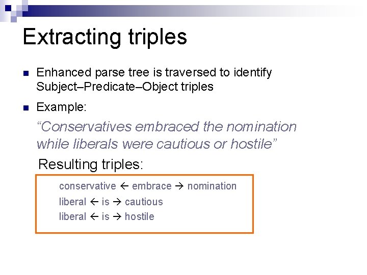 Extracting triples n Enhanced parse tree is traversed to identify Subject–Predicate–Object triples n Example: