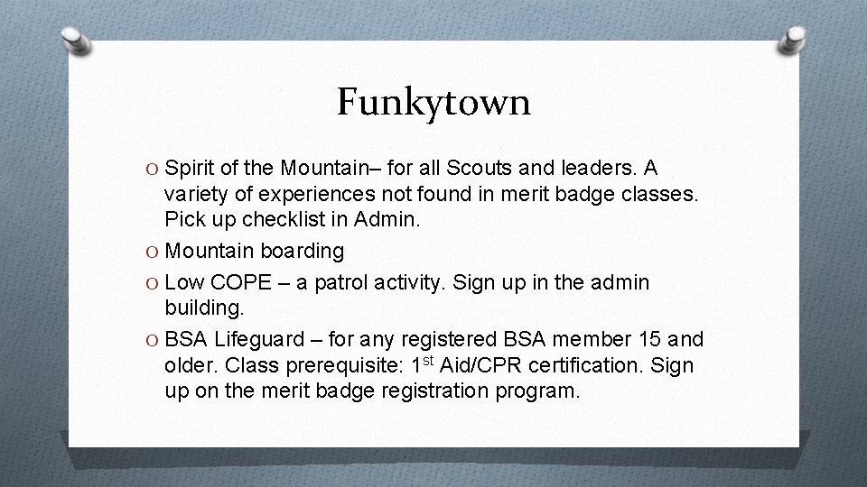 Funkytown O Spirit of the Mountain– for all Scouts and leaders. A variety of