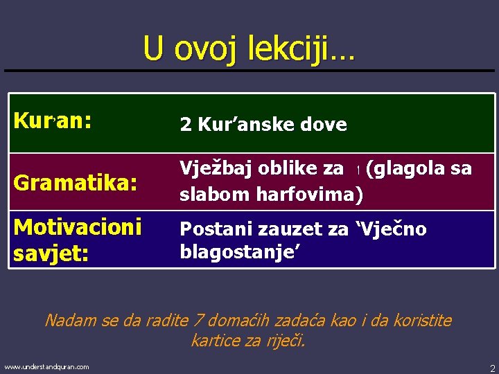 U ovoj lekciji… Kur’an: 2 Kur’anske dove Gramatika: Vježbaj oblike za ( ﺍ glagola