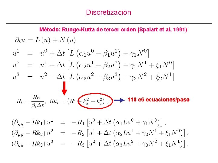 Discretización Método: Runge-Kutta de tercer orden (Spalart et al, 1991) 118 e 6 ecuaciones/paso