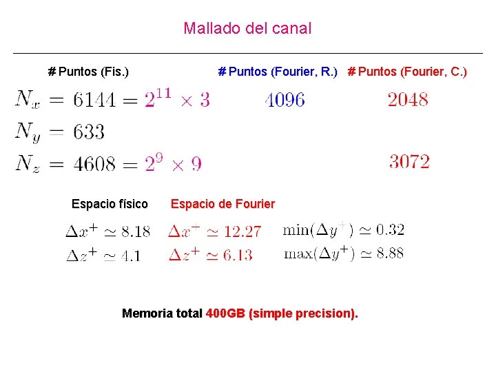 Mallado del canal # Puntos (Fis. ) Espacio físico # Puntos (Fourier, R. )