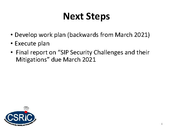 Next Steps • Develop work plan (backwards from March 2021) • Execute plan •