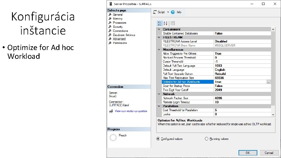 Konfigurácia inštancie • Optimize for Ad hoc Workload 