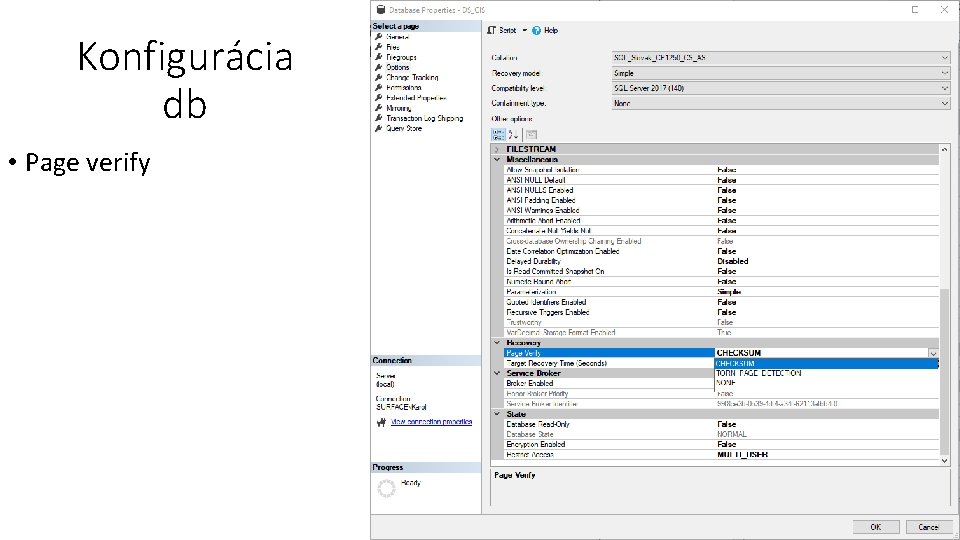 Konfigurácia db • Page verify 