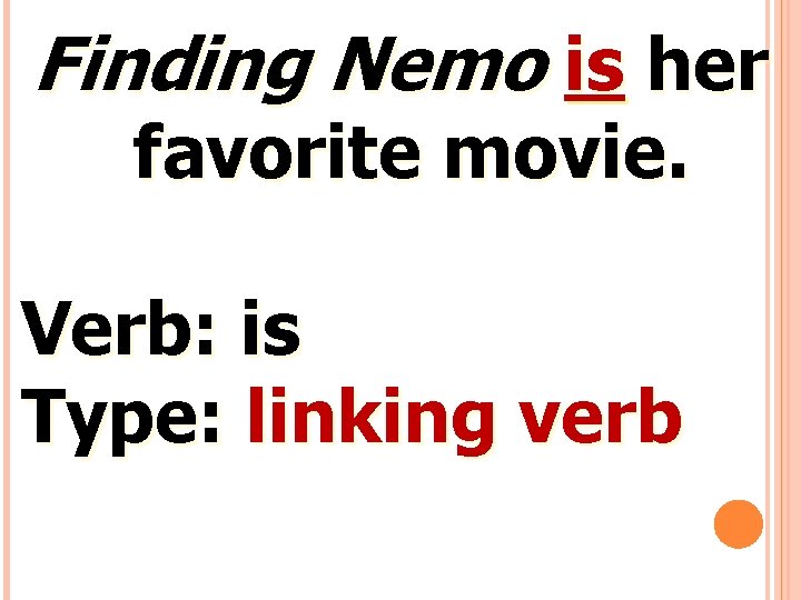 Finding Nemo is her favorite movie. Verb: is Type: linking verb 