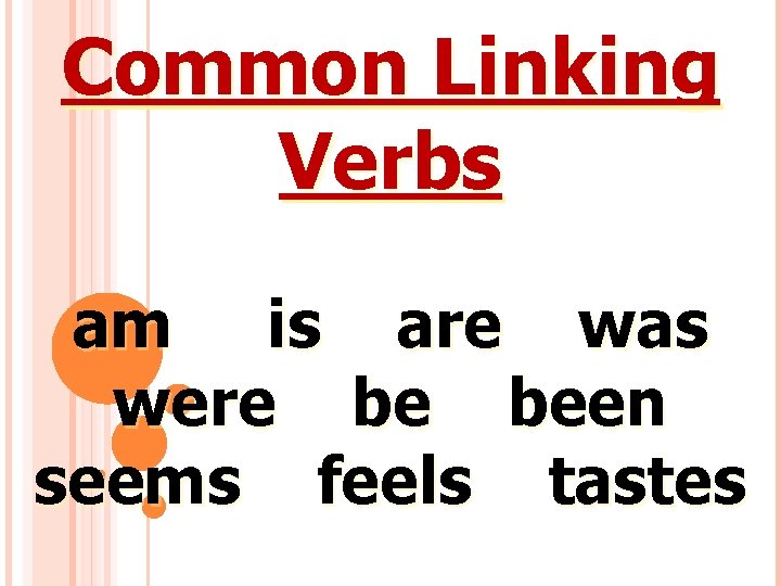 Common Linking Verbs am is are was were be been seems feels tastes 