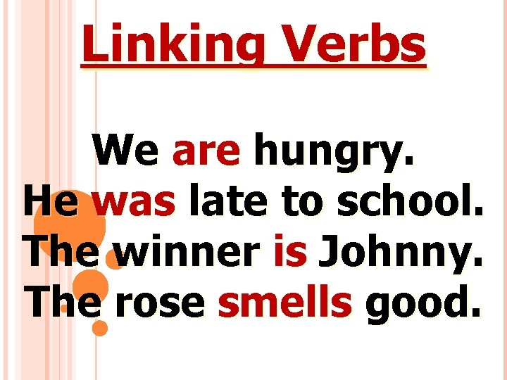 Linking Verbs We are hungry. He was late to school. The winner is Johnny.