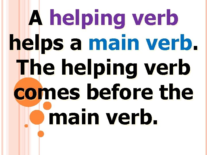 A helping verb helps a main verb. The helping verb comes before the main