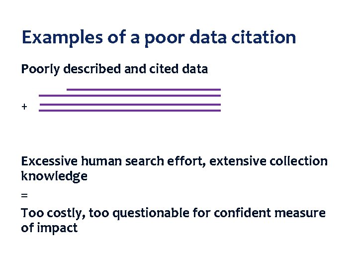 Examples of a poor data citation Poorly described and cited data + Excessive human