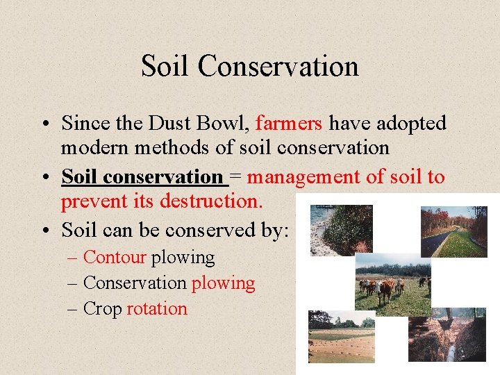 Soil Conservation • Since the Dust Bowl, farmers have adopted modern methods of soil