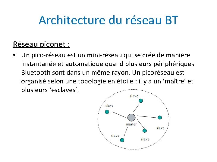 Architecture du réseau BT Réseau piconet : • Un pico-réseau est un mini-réseau qui