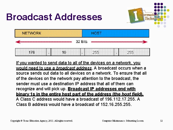 Broadcast Addresses 255 If you wanted to send data to all of the devices