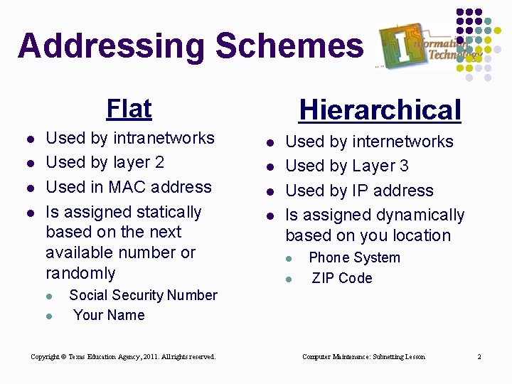 Addressing Schemes Flat l l Used by intranetworks Used by layer 2 Used in