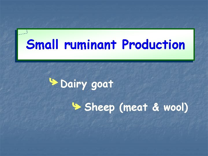 Small ruminant Production Dairy goat Sheep (meat & wool) 
