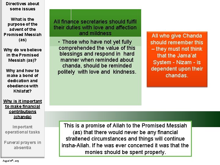 Directives about some issues What is the purpose of the advent of the Promised