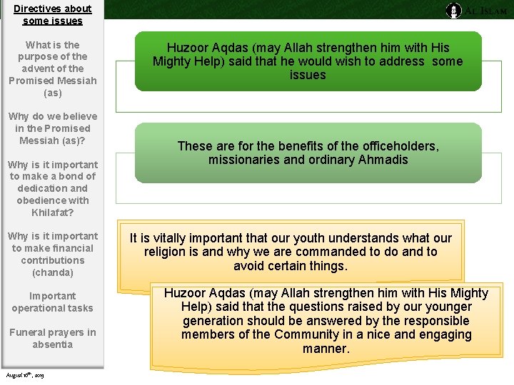 Directives about some issues What is the purpose of the advent of the Promised