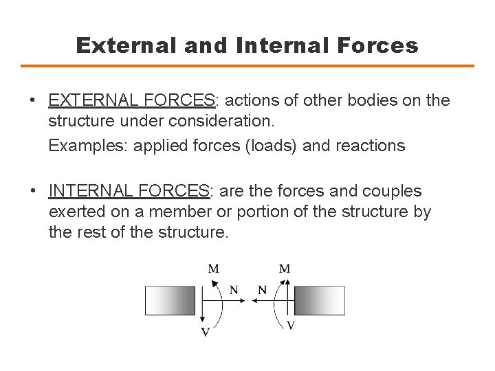 External and Internal Forces • EXTERNAL FORCES: actions of other bodies on the structure