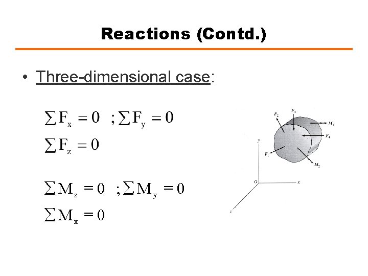 Reactions (Contd. ) • Three-dimensional case: å Mz = 0 ; å My =