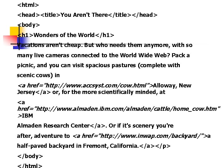 <html> <head><title>You Aren't There</title></head> <body> <h 1>Wonders of the World</h 1> Vacations aren't cheap.