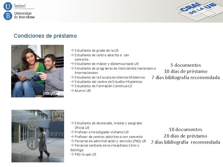 Condiciones de préstamo Estudiante de grado de la UB Estudiante de centro adscrito o