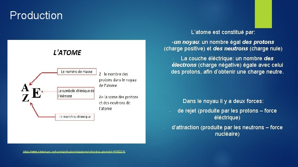 Production L’atome est constitué par: -un noyau: un nombre égal des protons (charge positive)