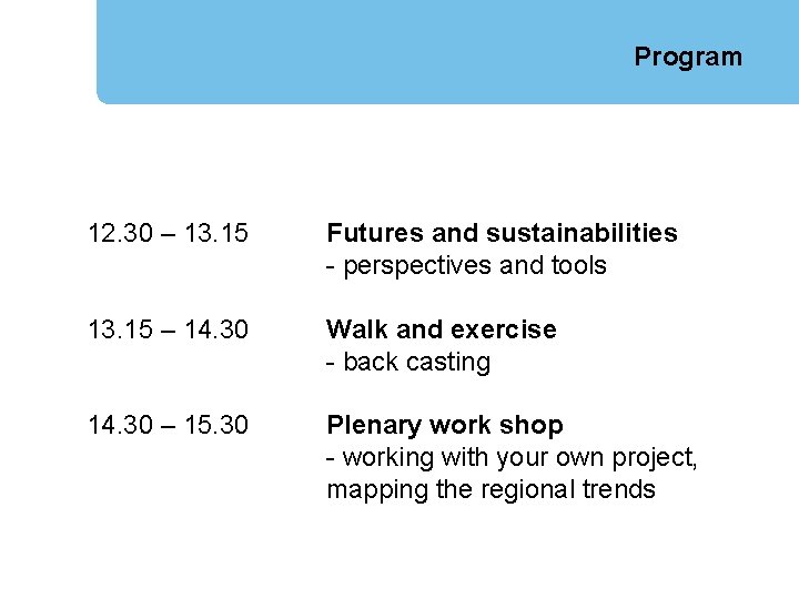 Program 12. 30 – 13. 15 Futures and sustainabilities - perspectives and tools 13.