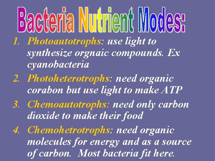 1. Photoautotrophs: use light to synthesize orgnaic compounds. Ex cyanobacteria 2. Photoheterotrophs: need organic