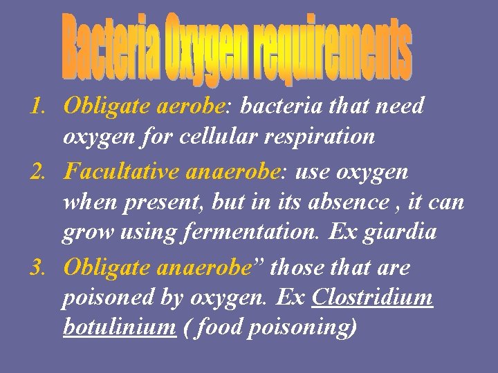 1. Obligate aerobe: bacteria that need oxygen for cellular respiration 2. Facultative anaerobe: use