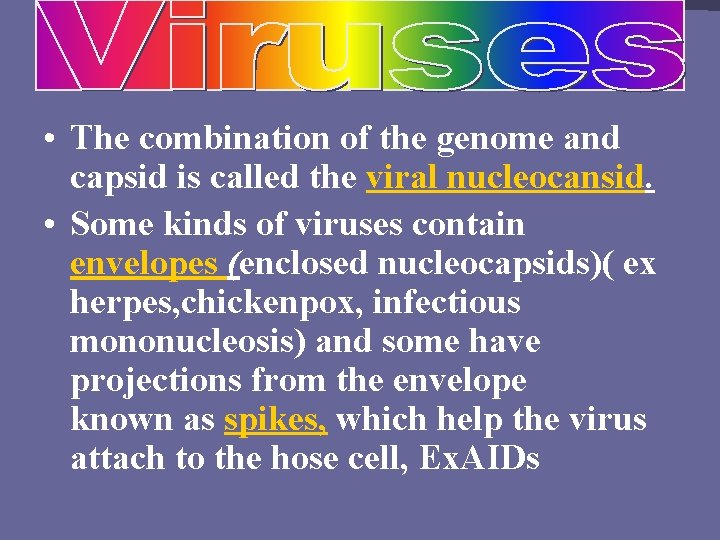  • The combination of the genome and capsid is called the viral nucleocansid.