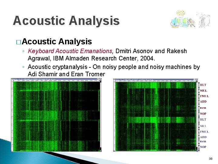 Acoustic Analysis � Acoustic Analysis ◦ Keyboard Acoustic Emanations, Dmitri Asonov and Rakesh Agrawal,