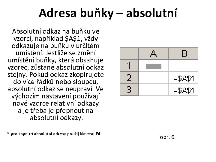 Adresa buňky – absolutní Absolutní odkaz na buňku ve vzorci, například $A$1, vždy odkazuje