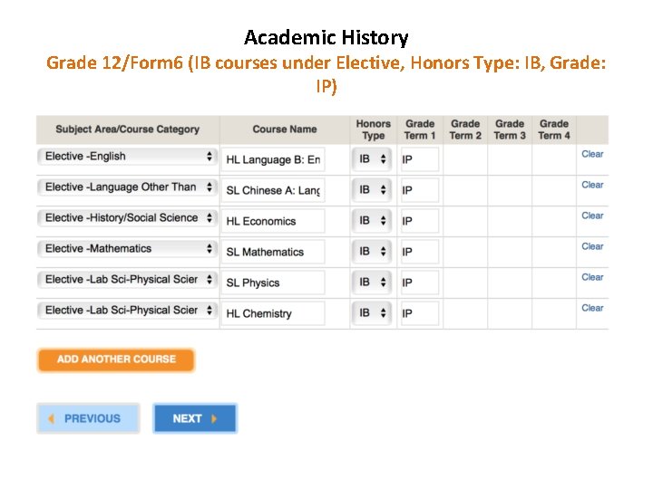 Academic History Grade 12/Form 6 (IB courses under Elective, Honors Type: IB, Grade: IP)