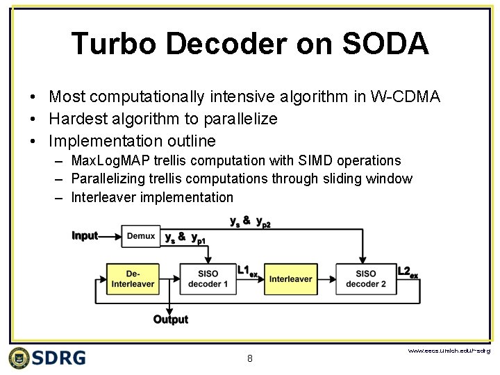 Turbo Decoder on SODA • Most computationally intensive algorithm in W-CDMA • Hardest algorithm