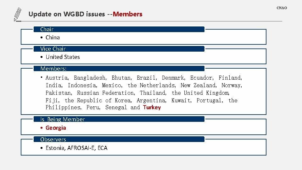 Update on WGBD issues --Members 添加标题暨内容 Chair • China Vice Chair • United States