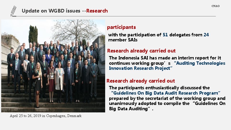CNAO LOGO Update on WGBD issues --Research 添加标题暨内容 TEXT HERE • participants with the