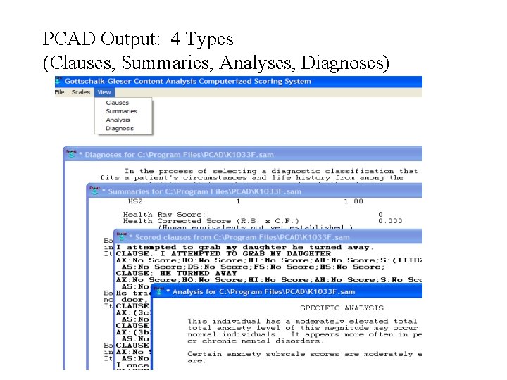 PCAD Output: 4 Types (Clauses, Summaries, Analyses, Diagnoses) 