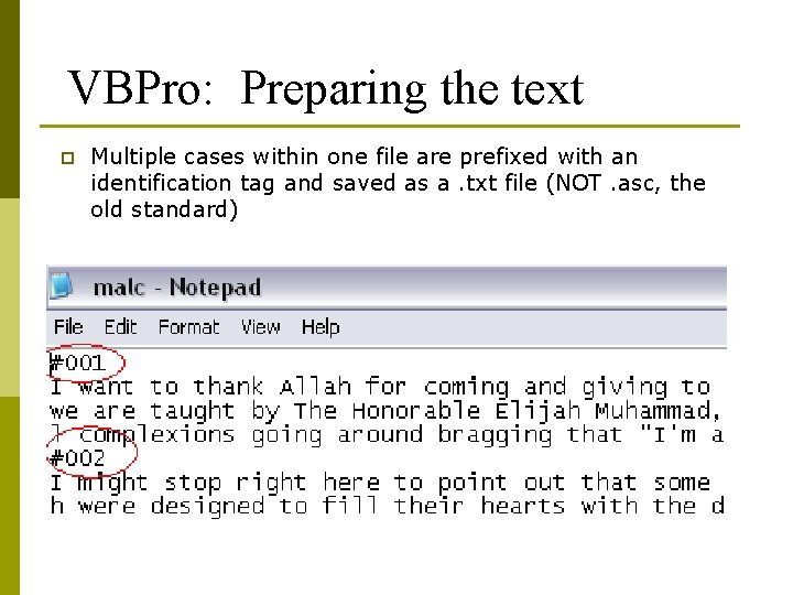 VBPro: Preparing the text p Multiple cases within one file are prefixed with an