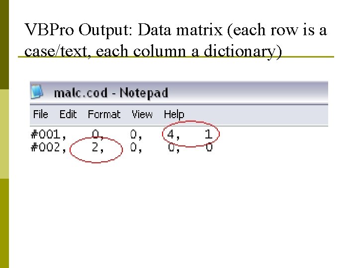 VBPro Output: Data matrix (each row is a case/text, each column a dictionary) 