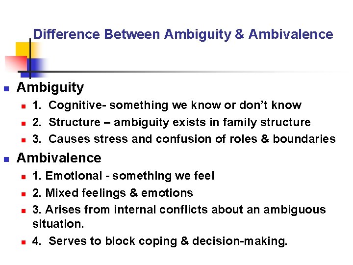 Difference Between Ambiguity & Ambivalence n Ambiguity n n 1. Cognitive- something we know