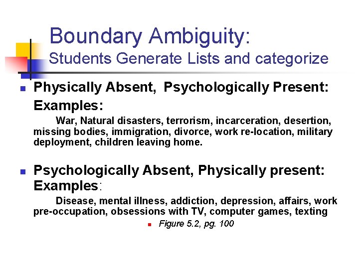 Boundary Ambiguity: Students Generate Lists and categorize n Physically Absent, Psychologically Present: Examples: War,