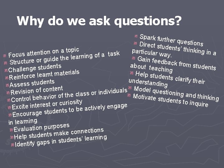 Why do we ask questions? Spark furt her quest ions Direct stu d e