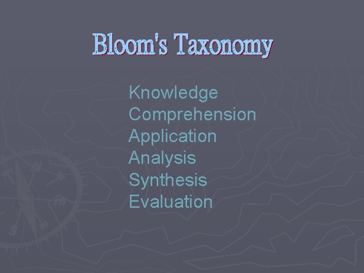 Knowledge Comprehension Application Analysis Synthesis Evaluation 
