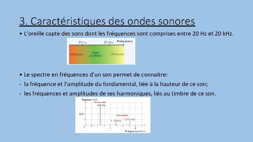 3. Caractéristiques des ondes sonores • L’oreille capte des sons dont les fréquences sont