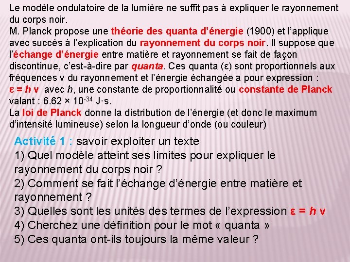 Le modèle ondulatoire de la lumière ne suffit pas à expliquer le rayonnement du