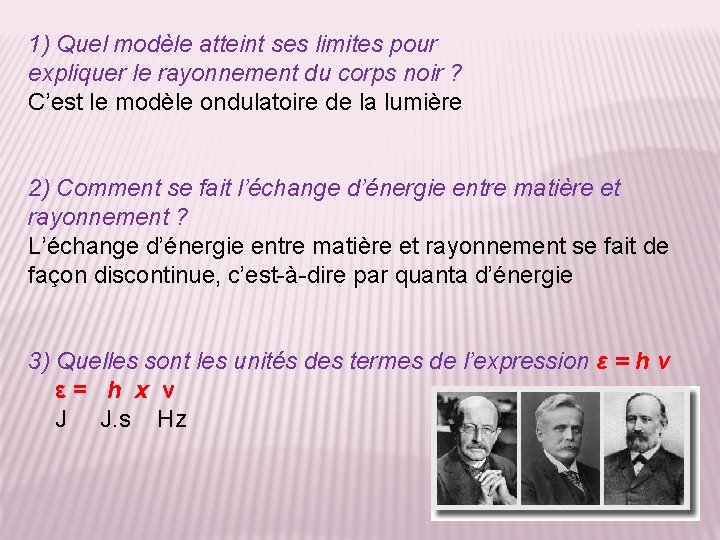 1) Quel modèle atteint ses limites pour expliquer le rayonnement du corps noir ?