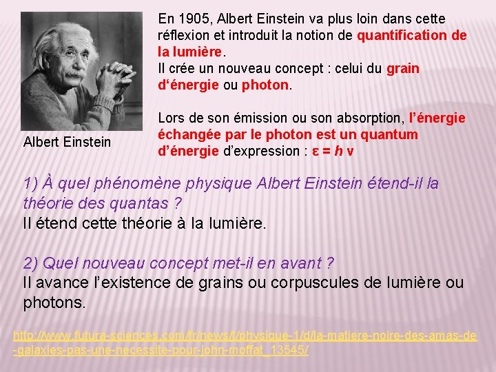 En 1905, Albert Einstein va plus loin dans cette réflexion et introduit la notion