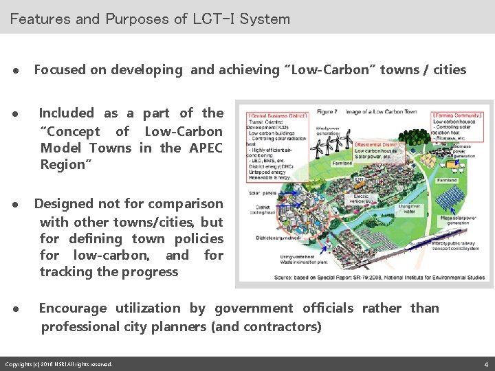 Features and Purposes of LCT-I System ●　Focused on developing and achieving “Low-Carbon” towns /