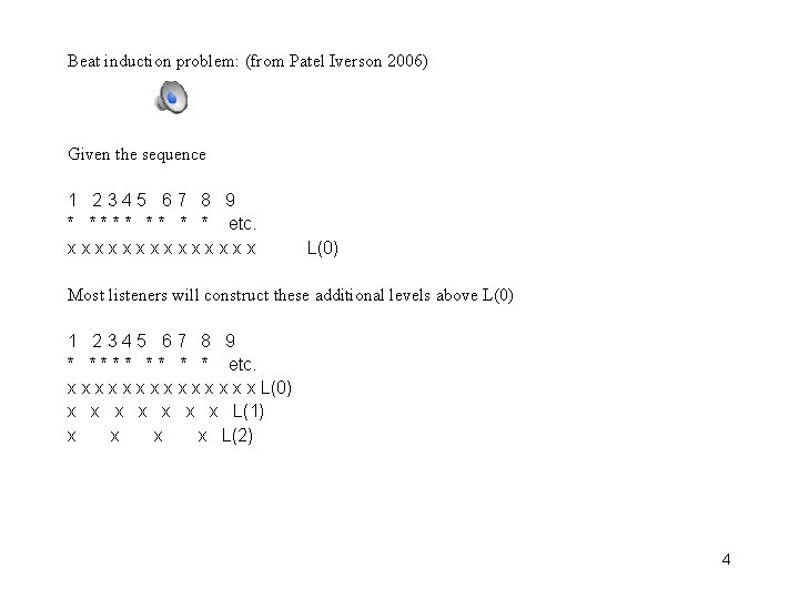 Beat induction problem: (from Patel Iverson 2006) Given the sequence 1 2345 67 8