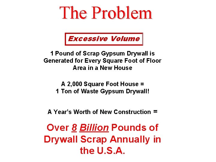 The Problem Excessive Volume 1 Pound of Scrap Gypsum Drywall is Generated for Every